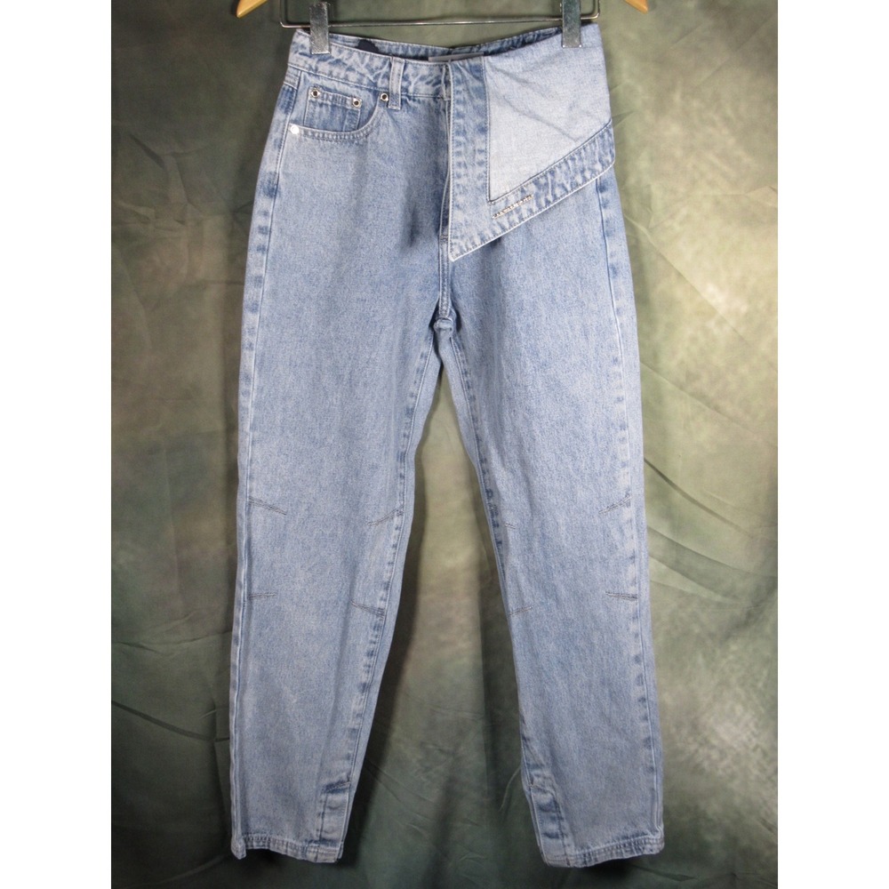 Maniere De Voir Asymmetric Fold Over Waist Light Wash Tapered Mom Jeans Womens 0